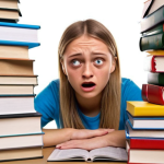 **

A student looking overwhelmed by a stack of German driving theory books and practice tests, but also determined. Books are in German, and maybe a "Führerschein" application form is visible. Emphasis on the mixed emotions of stress and resolve.

**