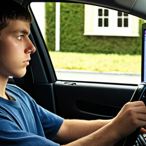 Home 24 **A young adult intensely focused on a computer screen displaying a practice driving test. The room is tidy, with a "Do Not Disturb" sign on the door. Subtle lighting emphasizes concentration.** (This image visualizes focused preparation.)