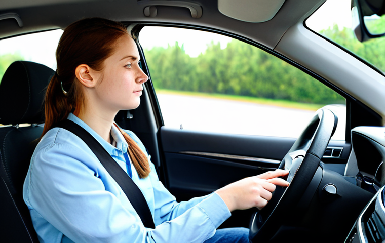 A young adult student driver, fully clothed in modest, appropriate attire, sits calmly in the driver's seat of a modern car, preparing mentally for a driving test. They are practicing deep breathing, exuding a sense of inner peace and focused concentration. The car is parked in a clean, neutral environment, hinting at the moments before an important examination. Perfect anatomy, correct proportions, natural pose, well-formed hands, proper finger count, natural body proportions. Professional photography, high quality, safe for work, appropriate content, family-friendly.