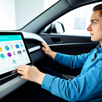 A focused young adult, fully clothed in modest casual attire, sits comfortably at a sleek desk in a bright, modern study room. They are actively interacting with a tablet displaying an advanced, gamified driving school application with clear, interactive graphics. Soft, natural light fills the space.