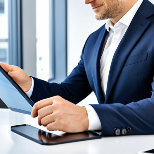 Home 9 A professional German administrative officer, fully clothed in a modest business suit, sitting at a modern desk in a bright, clean government office. The officer is interacting with a tablet or large digital screen, representing efficient e-government processes. The background shows blurred modern office architecture. Perfect anatomy, correct proportions, natural pose, well-formed hands, proper finger count, natural body proportions. Professional photography, high quality, safe for work, appropriate content, family-friendly.