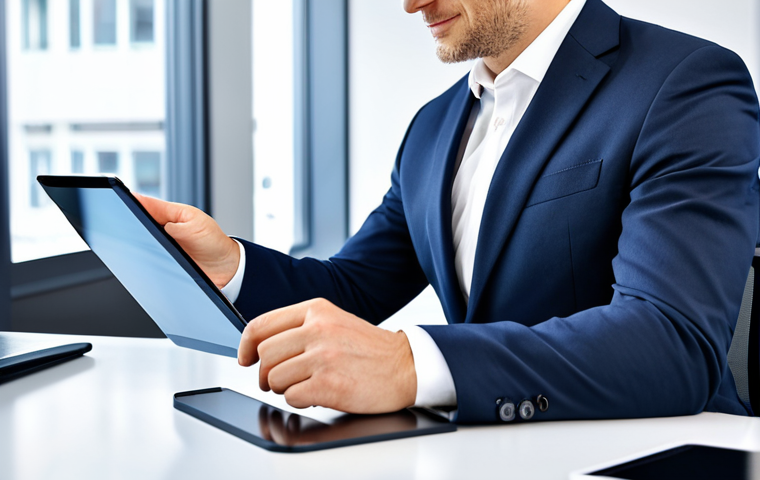 A professional German administrative officer, fully clothed in a modest business suit, sitting at a modern desk in a bright, clean government office. The officer is interacting with a tablet or large digital screen, representing efficient e-government processes. The background shows blurred modern office architecture. Perfect anatomy, correct proportions, natural pose, well-formed hands, proper finger count, natural body proportions. Professional photography, high quality, safe for work, appropriate content, family-friendly.
