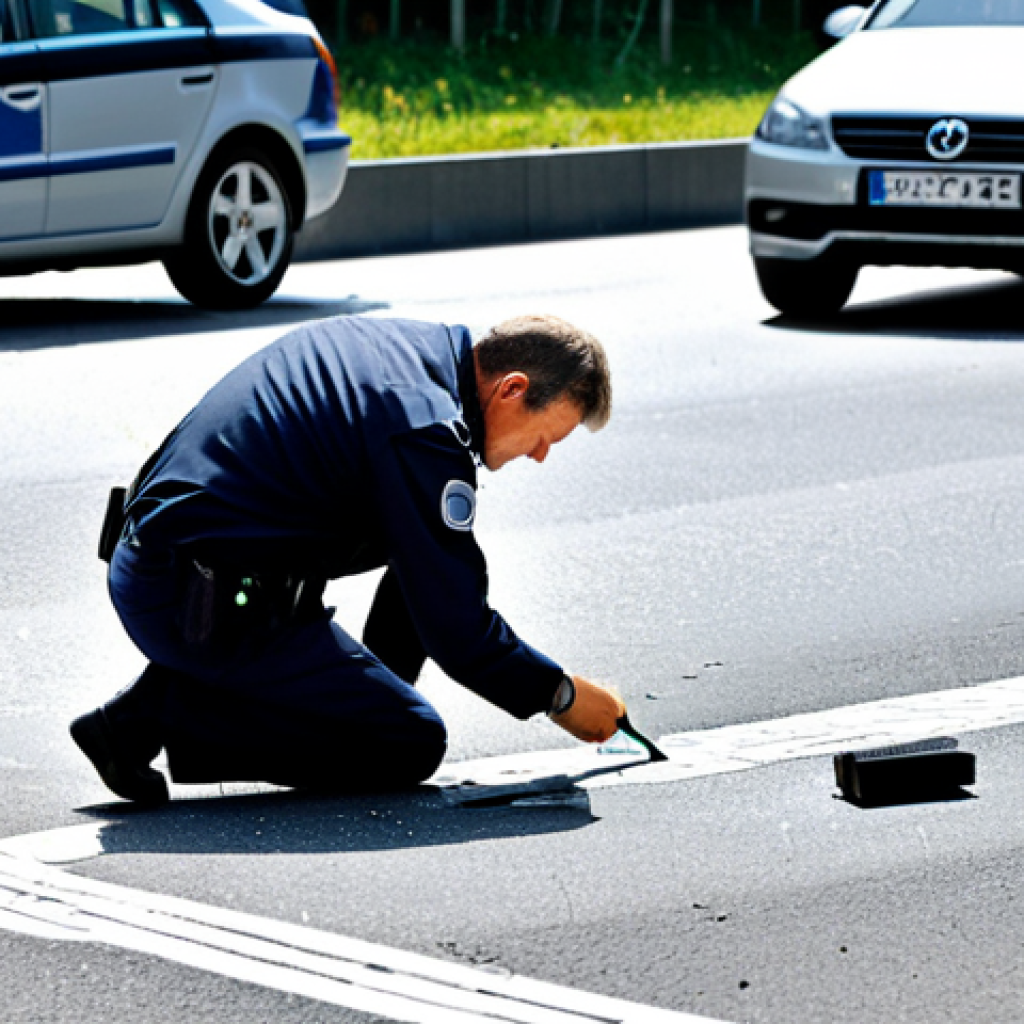 **

A traffic accident scene in a German city. Focus on the meticulous work of accident investigators documenting brake marks on the asphalt. Include a police officer taking measurements and a forensic specialist photographing the scene. The vehicles involved are modern cars, showing realistic damage. The scene is well-lit and detailed, emphasizing the importance of evidence collection.
safe for work, appropriate content, fully clothed, professional, modest, family-friendly, perfect anatomy, correct proportions, natural pose, well-formed hands, proper finger count, natural body proportions

**