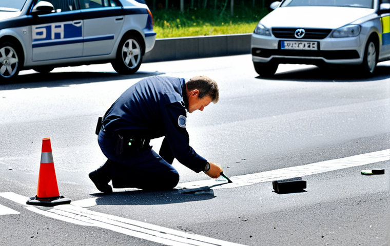 **

A traffic accident scene in a German city. Focus on the meticulous work of accident investigators documenting brake marks on the asphalt. Include a police officer taking measurements and a forensic specialist photographing the scene. The vehicles involved are modern cars, showing realistic damage. The scene is well-lit and detailed, emphasizing the importance of evidence collection.
safe for work, appropriate content, fully clothed, professional, modest, family-friendly, perfect anatomy, correct proportions, natural pose, well-formed hands, proper finger count, natural body proportions

**