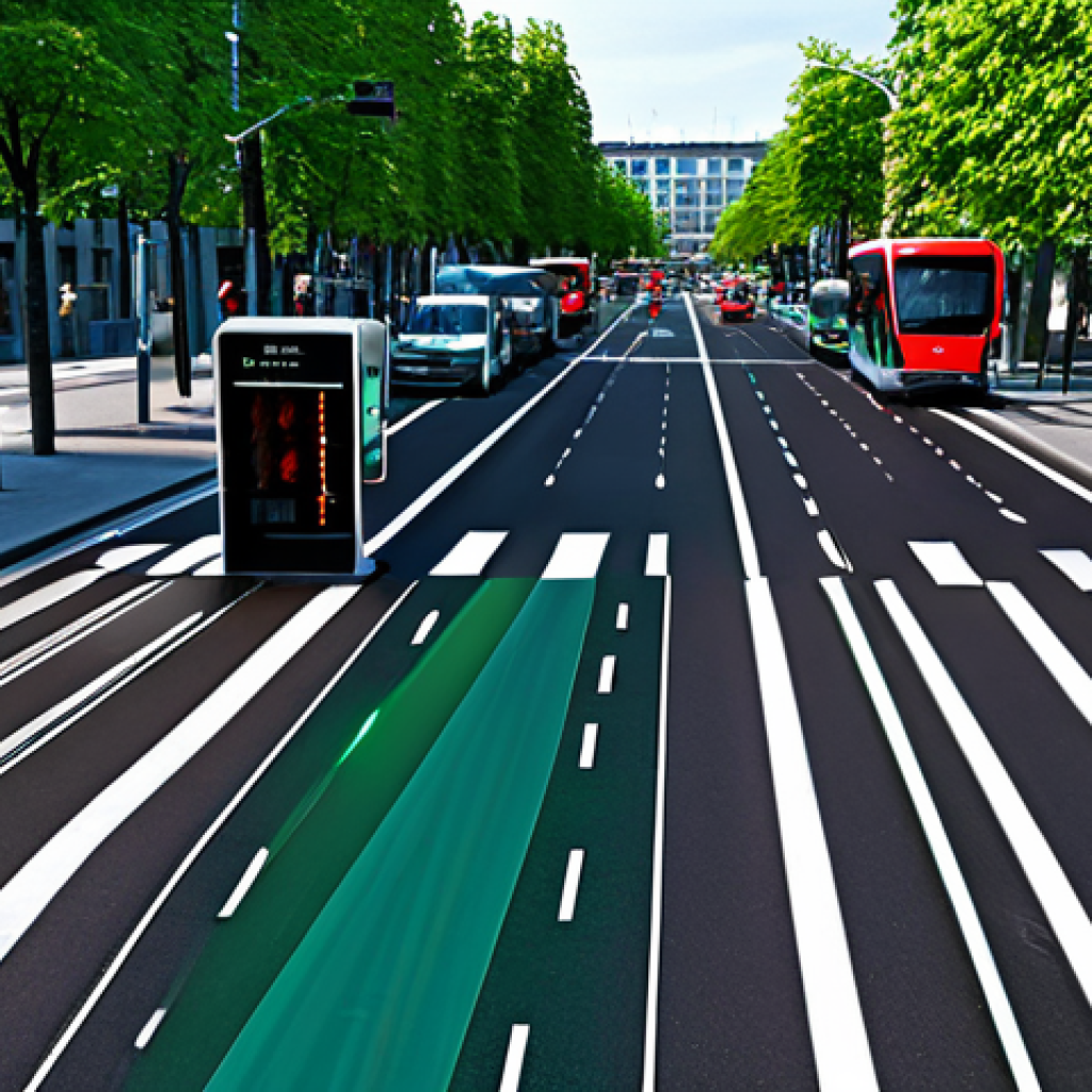 Smart City Traffic Management**

"An intersection in a modern German city, featuring intelligent traffic lights dynamically adjusting to the flow of cars, bicycles, and pedestrians. The scene includes digital displays showing real-time traffic information. Appropriate content, fully clothed pedestrians and cyclists, safe for work, professional urban planning, perfect anatomy, correct proportions, natural pose, high quality."

**
