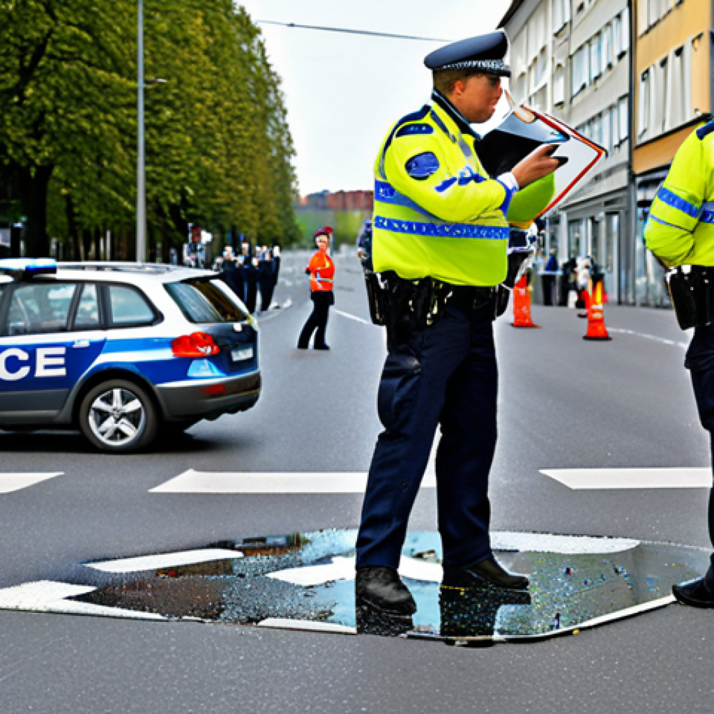 Unfallstelle (Accident Scene)**
"A busy German street corner after a car accident. Two cars are damaged, but no people are visibly injured. Police officers are taking notes and directing traffic. Focus on documenting the scene: broken glass, skid marks on the road, a slightly bent traffic sign. Safe for work, appropriate content, fully clothed police officers, perfect anatomy, natural proportions, professional photography, realistic style, daytime."
**