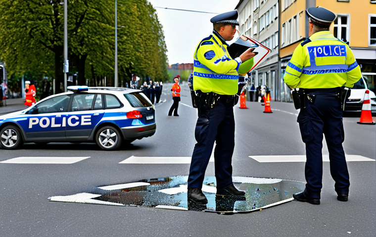 Unfallstelle (Accident Scene)**

"A busy German street corner after a car accident. Two cars are damaged, but no people are visibly injured. Police officers are taking notes and directing traffic. Focus on documenting the scene: broken glass, skid marks on the road, a slightly bent traffic sign. Safe for work, appropriate content, fully clothed police officers, perfect anatomy, natural proportions, professional photography, realistic style, daytime."

**