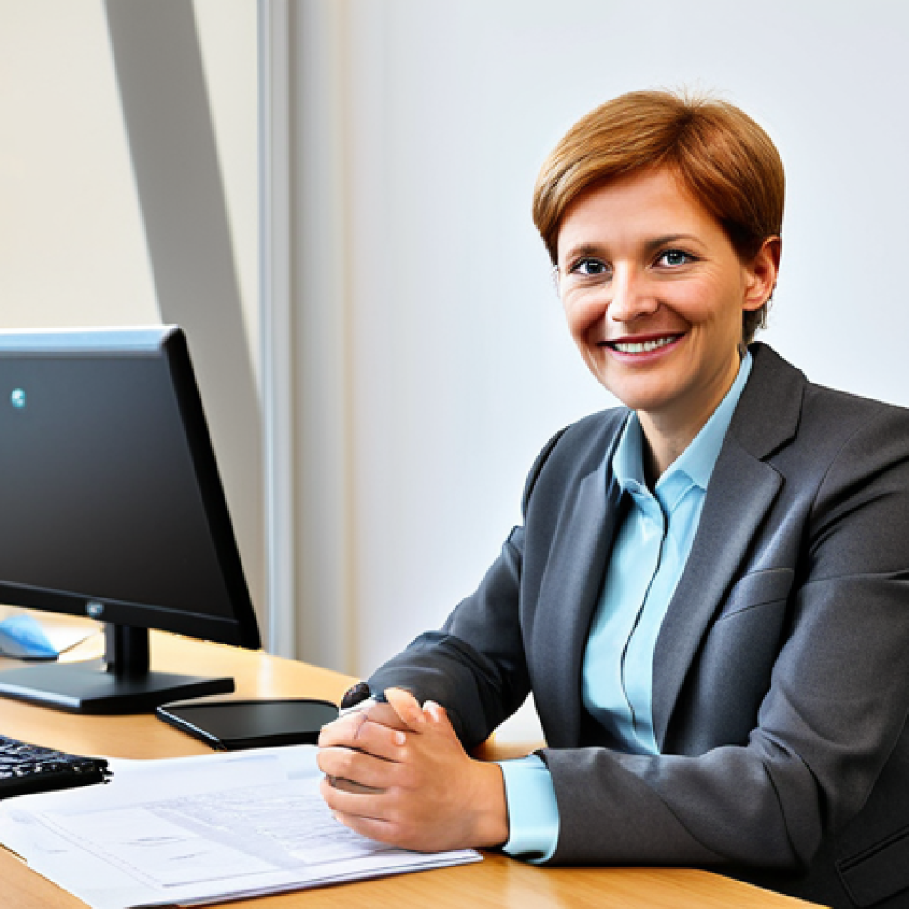 **

"A friendly, professional female Verkehrssachbearbeiterin (traffic administrator) with a warm smile, fully clothed in a modest business suit, sitting at her desk in a bright, modern German Beh&ouml;rde (government office). She is listening attentively to a concerned B&uuml;rger (citizen) who is gesturing slightly. The office is clean and organized, with a computer and paperwork visible. Focus on clear communication and empathy. Safe for work, appropriate content, perfect anatomy, natural proportions, professional, family-friendly."

**