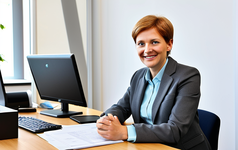 **

"A friendly, professional female Verkehrssachbearbeiterin (traffic administrator) with a warm smile, fully clothed in a modest business suit, sitting at her desk in a bright, modern German Beh&ouml;rde (government office). She is listening attentively to a concerned B&uuml;rger (citizen) who is gesturing slightly. The office is clean and organized, with a computer and paperwork visible. Focus on clear communication and empathy. Safe for work, appropriate content, perfect anatomy, natural proportions, professional, family-friendly."

**