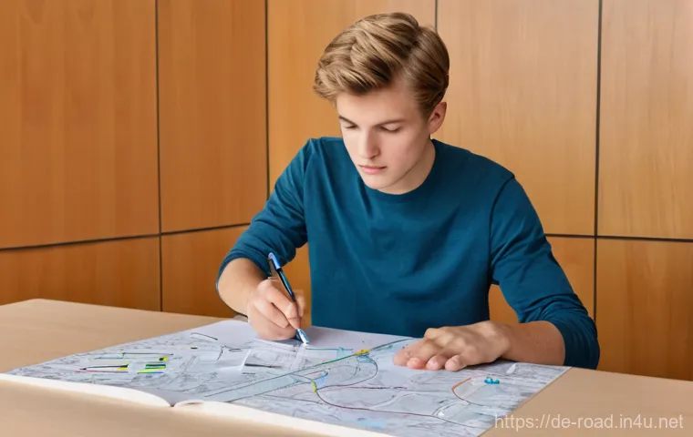 도로교통사 시험 준비를 위한 학습자료 - **Prompt 1: Modern Driving Theory Study with Apps**
    A focused German teenager (approximately 17 ...
