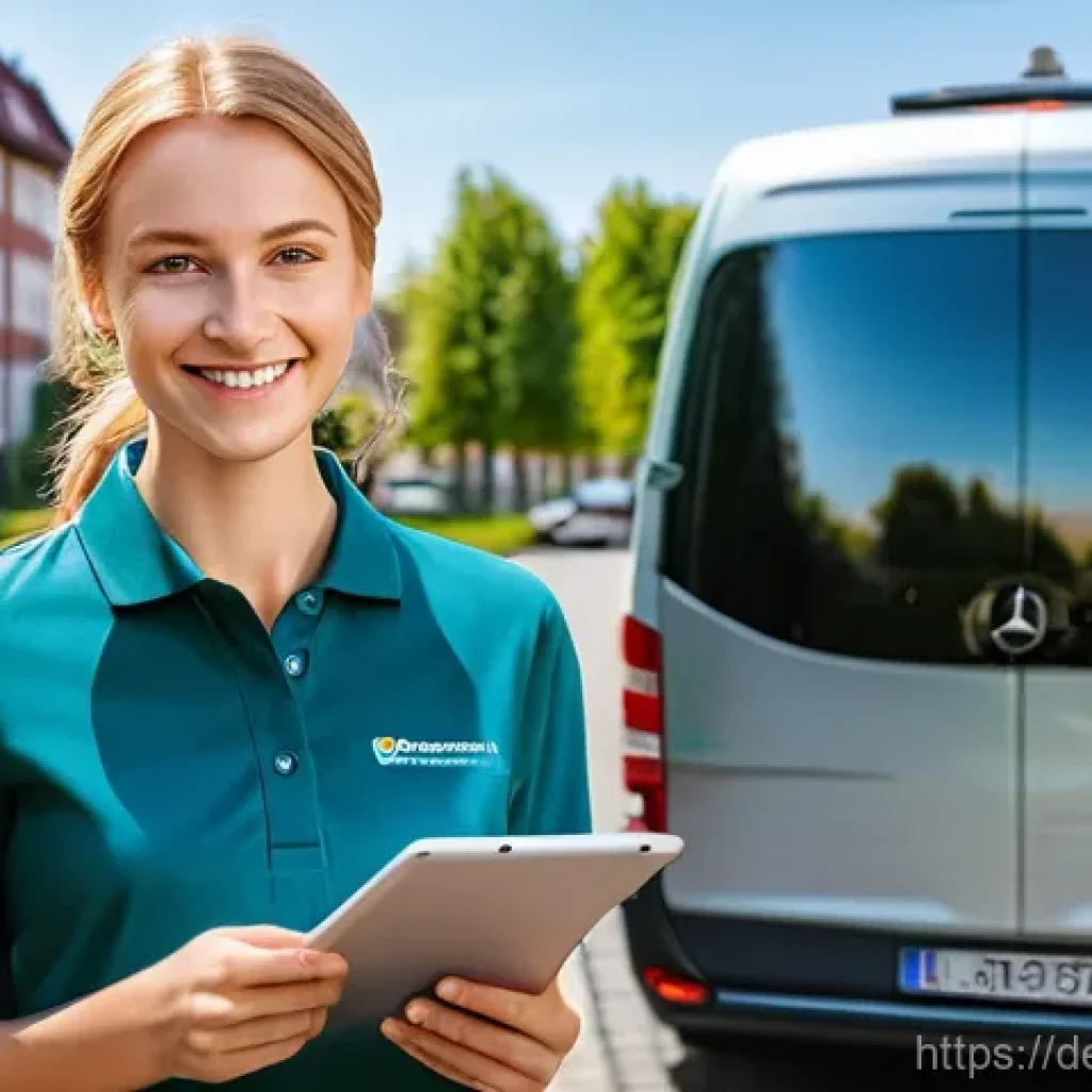 도로교통사 자격증 취득 후의 직업 선택 가이드 - **Modern City Delivery Driver in Germany:** A bright, sunny outdoor shot featuring a smiling, profes...