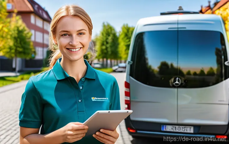 도로교통사 자격증 취득 후의 직업 선택 가이드 - **Modern City Delivery Driver in Germany:** A bright, sunny outdoor shot featuring a smiling, profes...