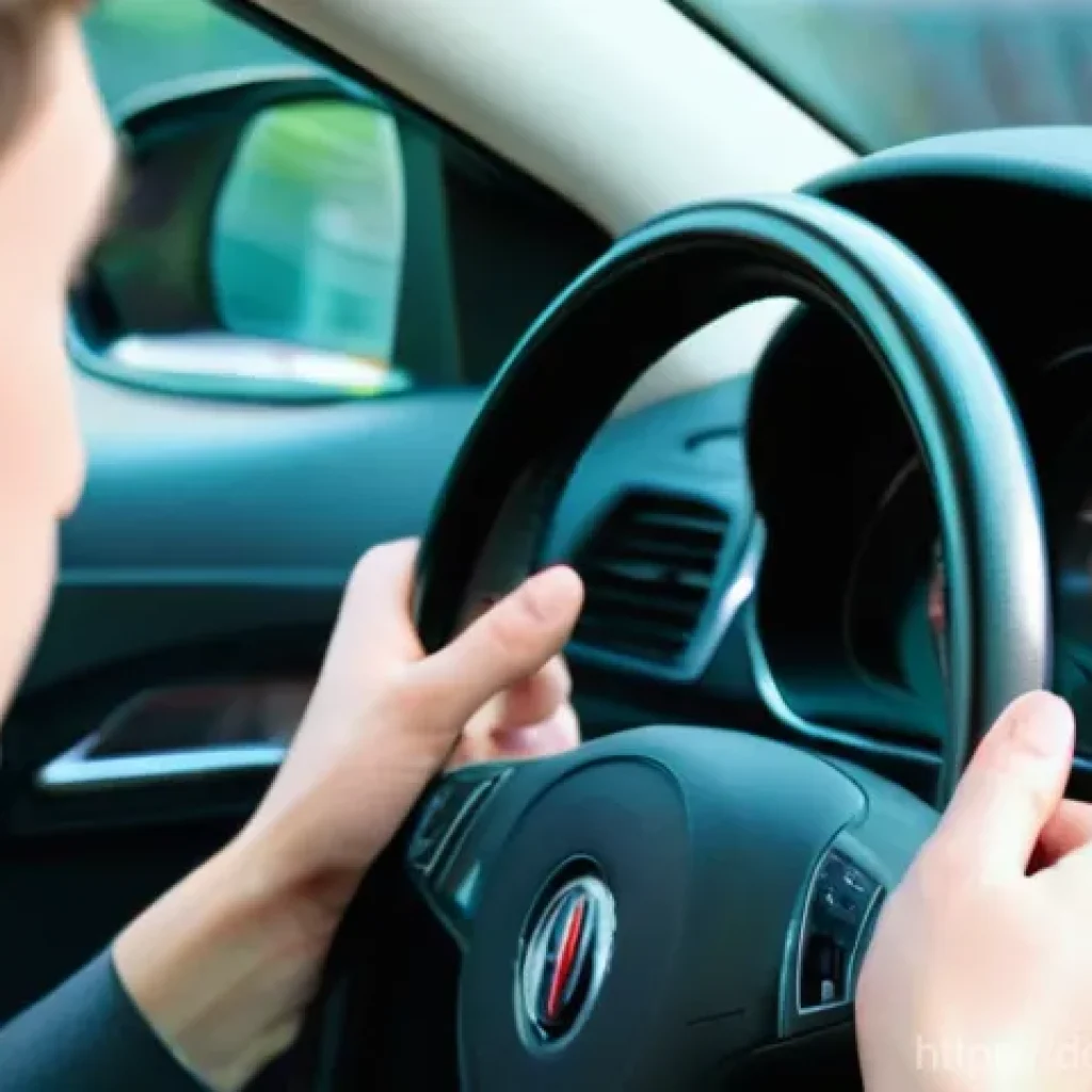 도로교통사 실기시험 합격 사례 분석 - **Prompt:** A close-up shot from inside a modern car, focusing on a young adult's hands gripping the...