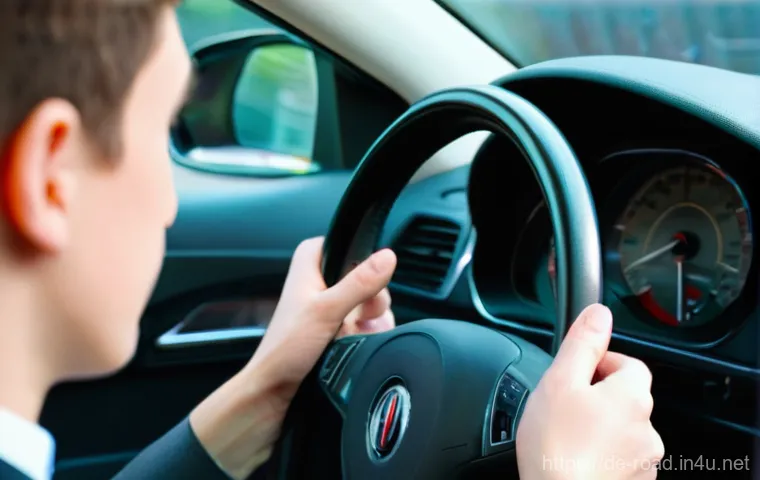 도로교통사 실기시험 합격 사례 분석 - **Prompt:** A close-up shot from inside a modern car, focusing on a young adult's hands gripping the...