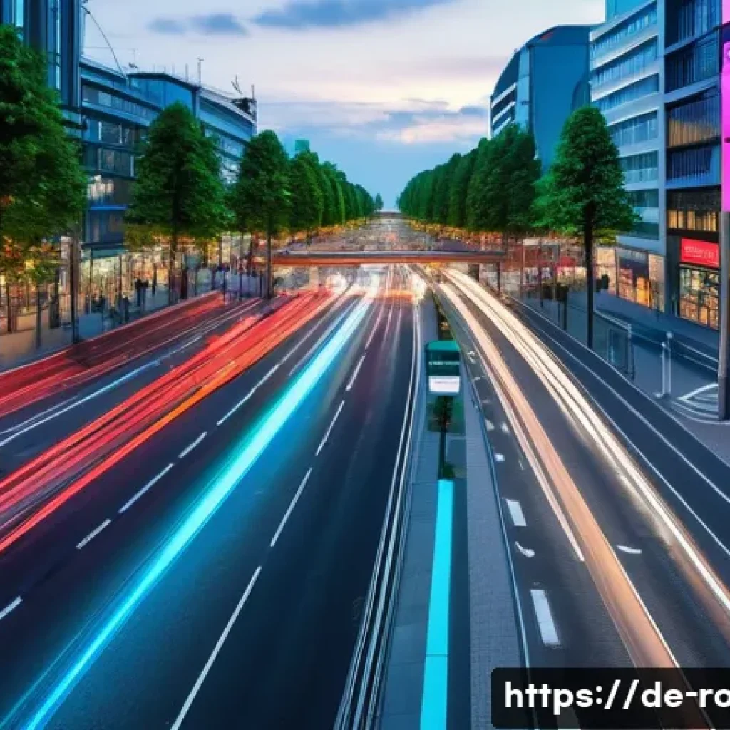 도로교통사 실무에서 활용 가능한 기술 - A modern urban intersection in Cologne, Germany, featuring adaptive traffic lights with digital disp...