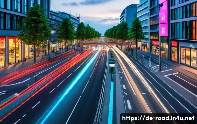 도로교통사 실무에서 활용 가능한 기술 - A modern urban intersection in Cologne, Germany, featuring adaptive traffic lights with digital disp...