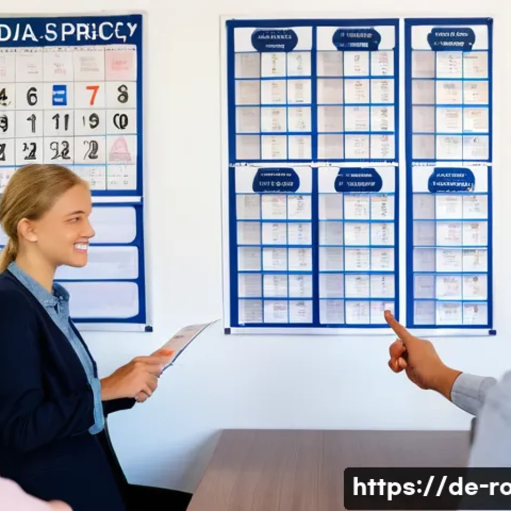 도로교통사 시험일정 및 신청 방법 - A modern German driving school interior where a young adult student is consulting with a friendly dr...