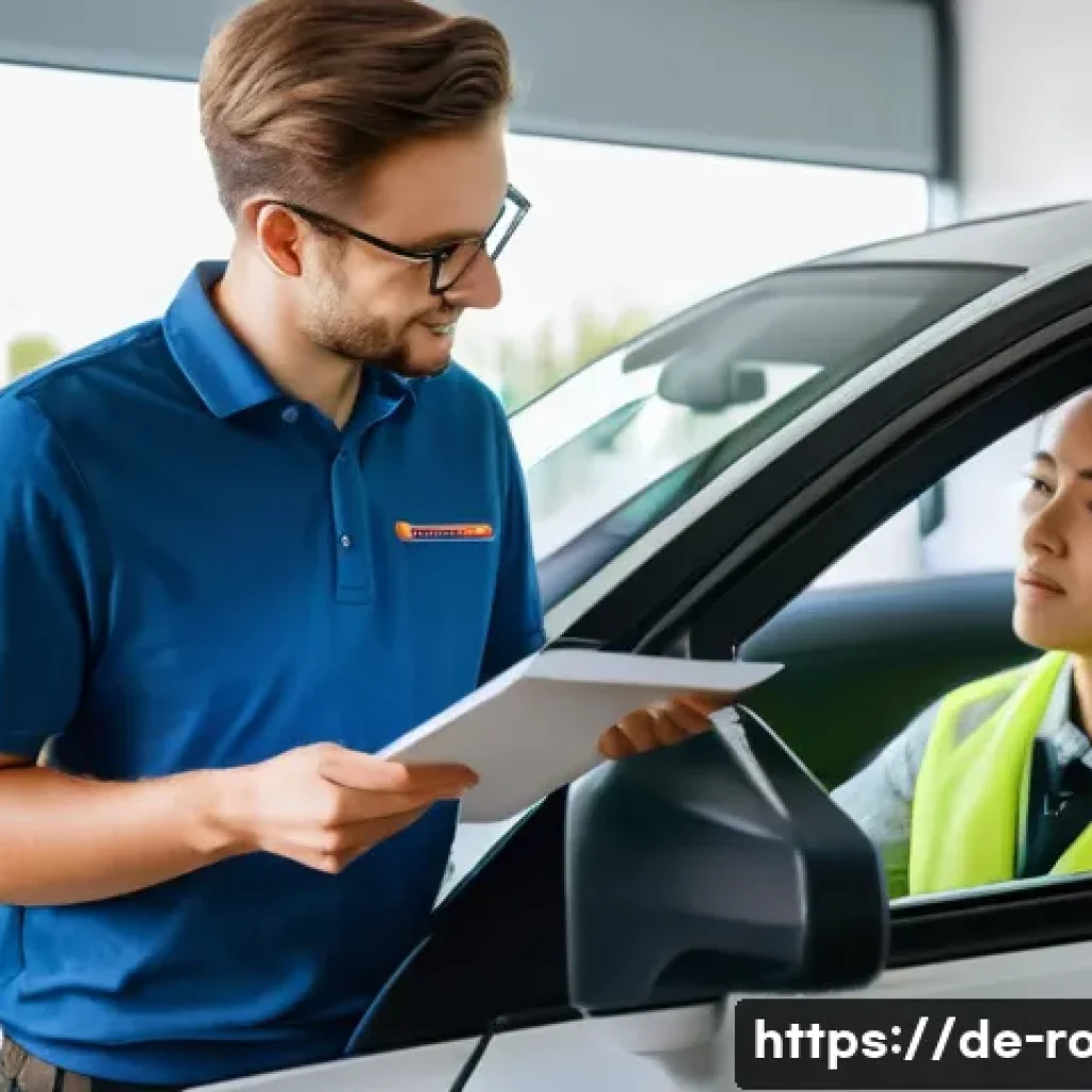 도로교통사 자격증 취득 후의 직업 선택 전략 - A professional driving examiner in a modern German driving school setting, wearing smart casual atti...