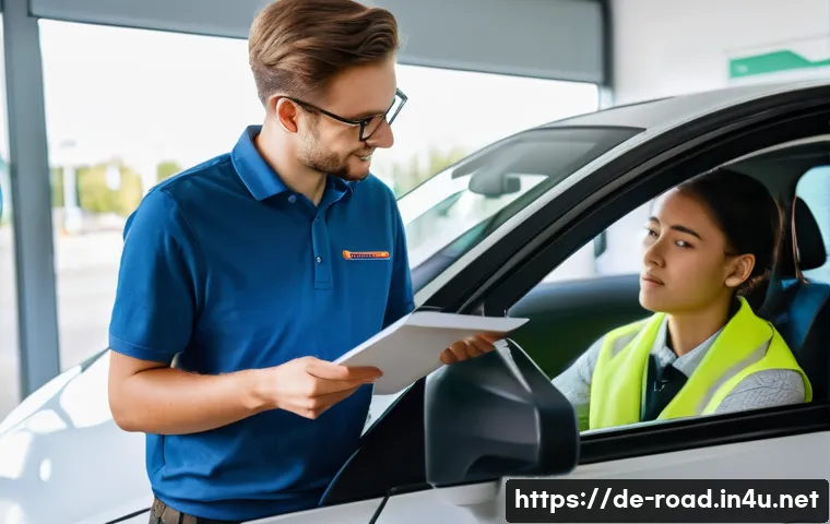 도로교통사 자격증 취득 후의 직업 선택 전략 - A professional driving examiner in a modern German driving school setting, wearing smart casual atti...