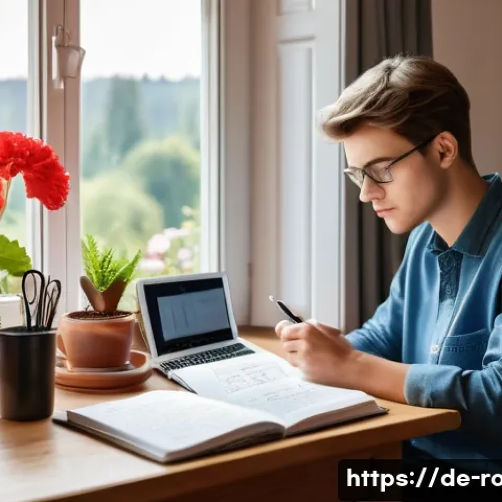 도로교통사 필기시험 기출문제 풀이 - A focused study scene showing a young adult sitting at a tidy desk in a cozy German-style room, usin...