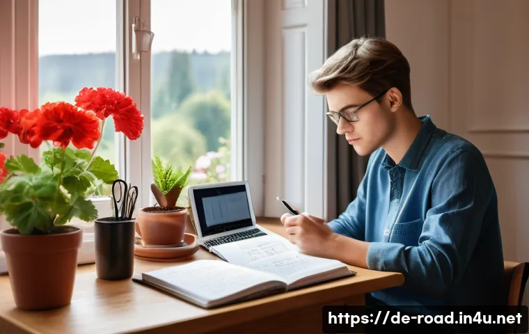도로교통사 필기시험 기출문제 풀이 - A focused study scene showing a young adult sitting at a tidy desk in a cozy German-style room, usin...