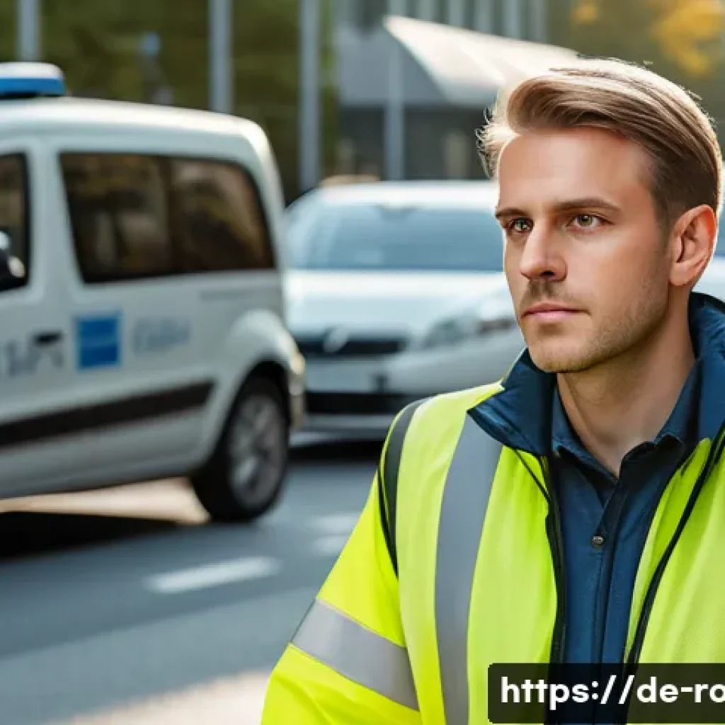 도로교통사 직무에 적합한 성격 - A vigilant German traffic officer in a reflective safety vest standing on a busy urban street in Ber...
