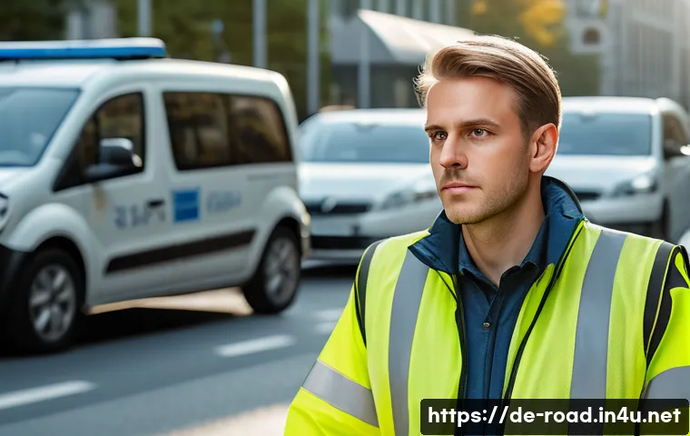 도로교통사 직무에 적합한 성격 - A vigilant German traffic officer in a reflective safety vest standing on a busy urban street in Ber...