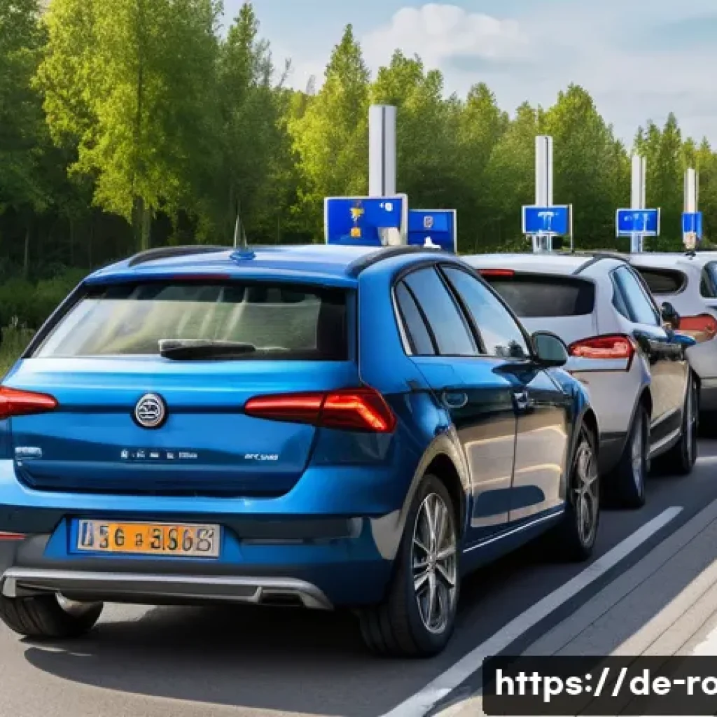 도로교통사 자격증의 국제적 인정 - A detailed scene showing a European border checkpoint where a diverse group of adult travelers is pr...