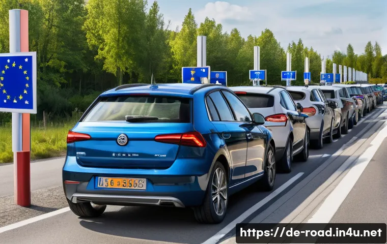 도로교통사 자격증의 국제적 인정 - A detailed scene showing a European border checkpoint where a diverse group of adult travelers is pr...