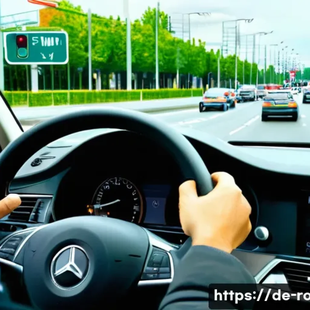 도로교통사 실기시험에서 중요한 요소 - A detailed scene showing a young adult driver during a practical driving test in Germany, focusing o...