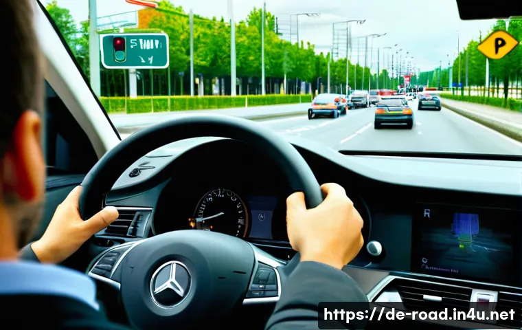 도로교통사 실기시험에서 중요한 요소 - A detailed scene showing a young adult driver during a practical driving test in Germany, focusing o...