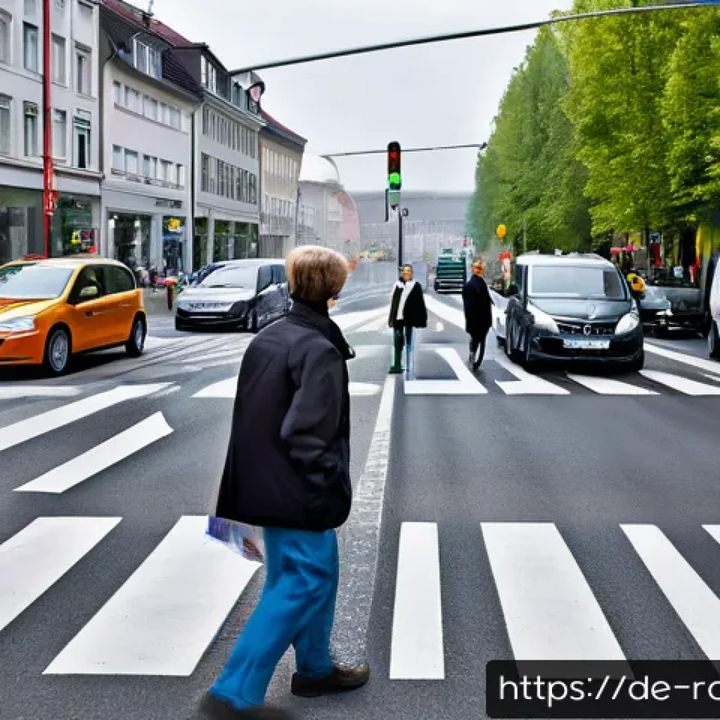 도로교통사 실무에서의 윤리적 딜레마 - A detailed urban street scene in Germany showing a diverse group of traffic experts in discussion be...