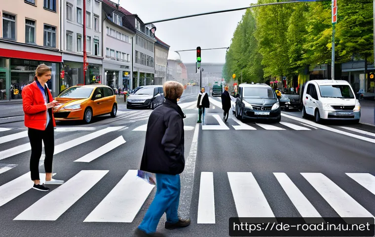 도로교통사 실무에서의 윤리적 딜레마 - A detailed urban street scene in Germany showing a diverse group of traffic experts in discussion be...
