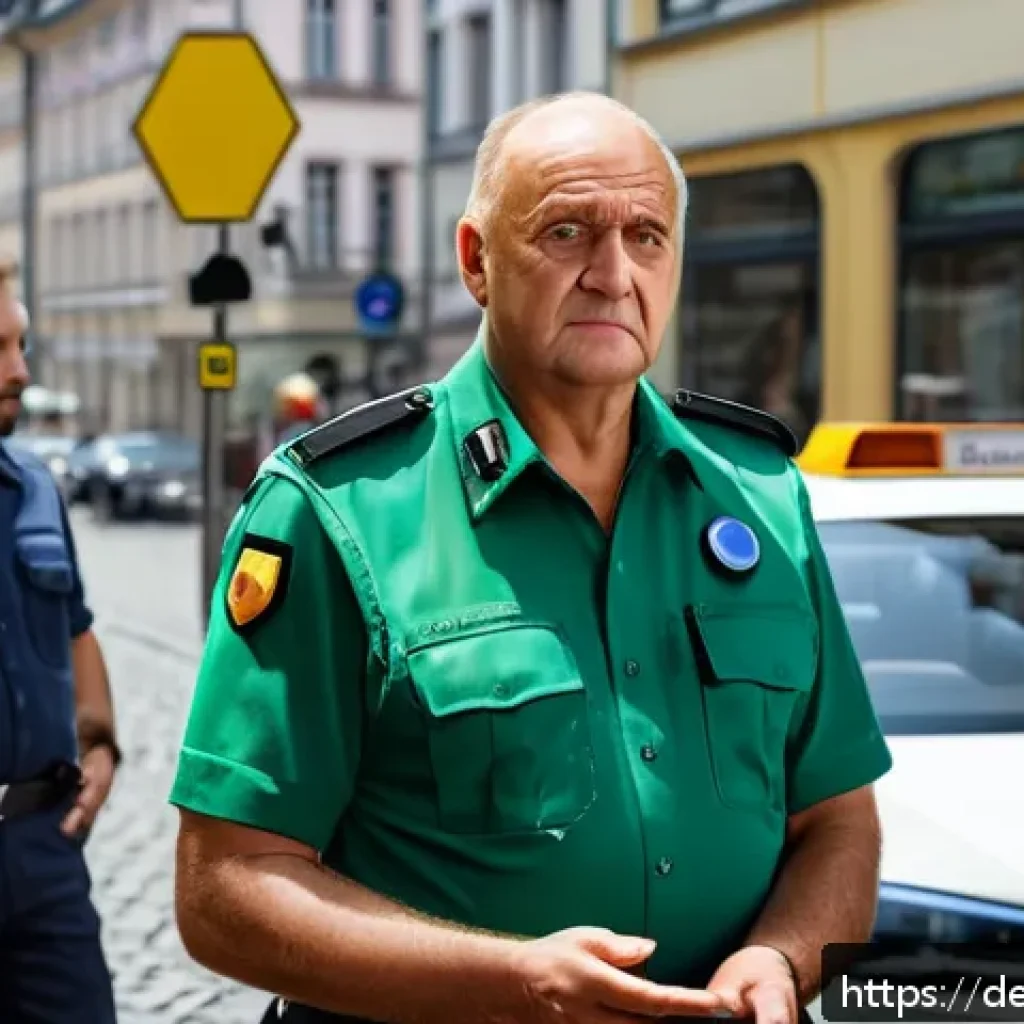 도로교통사 실무에서의 협상 기술 - A detailed scene of a German urban street with a calm traffic officer in uniform engaging in a respe...