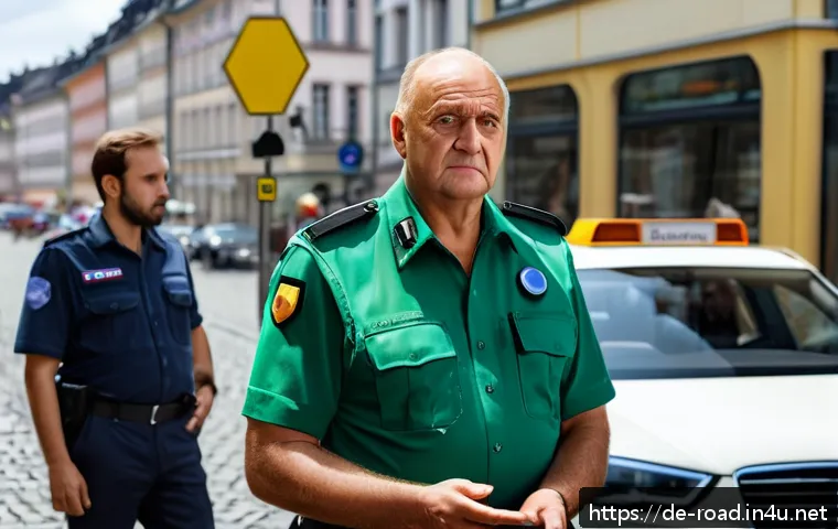 도로교통사 실무에서의 협상 기술 - A detailed scene of a German urban street with a calm traffic officer in uniform engaging in a respe...