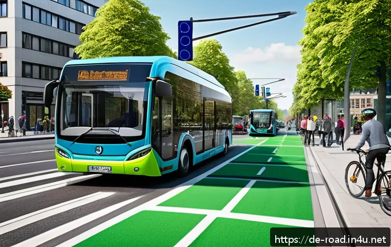 도로교통사 자격증 시험 과목 정리 - A detailed, realistic illustration of a modern German urban street scene showcasing sustainable tran...