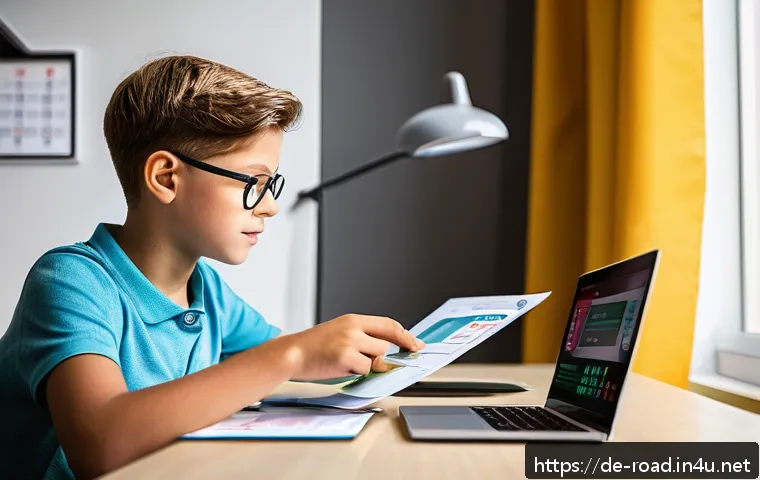 도로교통사 필기시험 대비 문제 풀이 - A focused young German learner sitting at a tidy desk with a modern laptop and a smartphone displayi...
