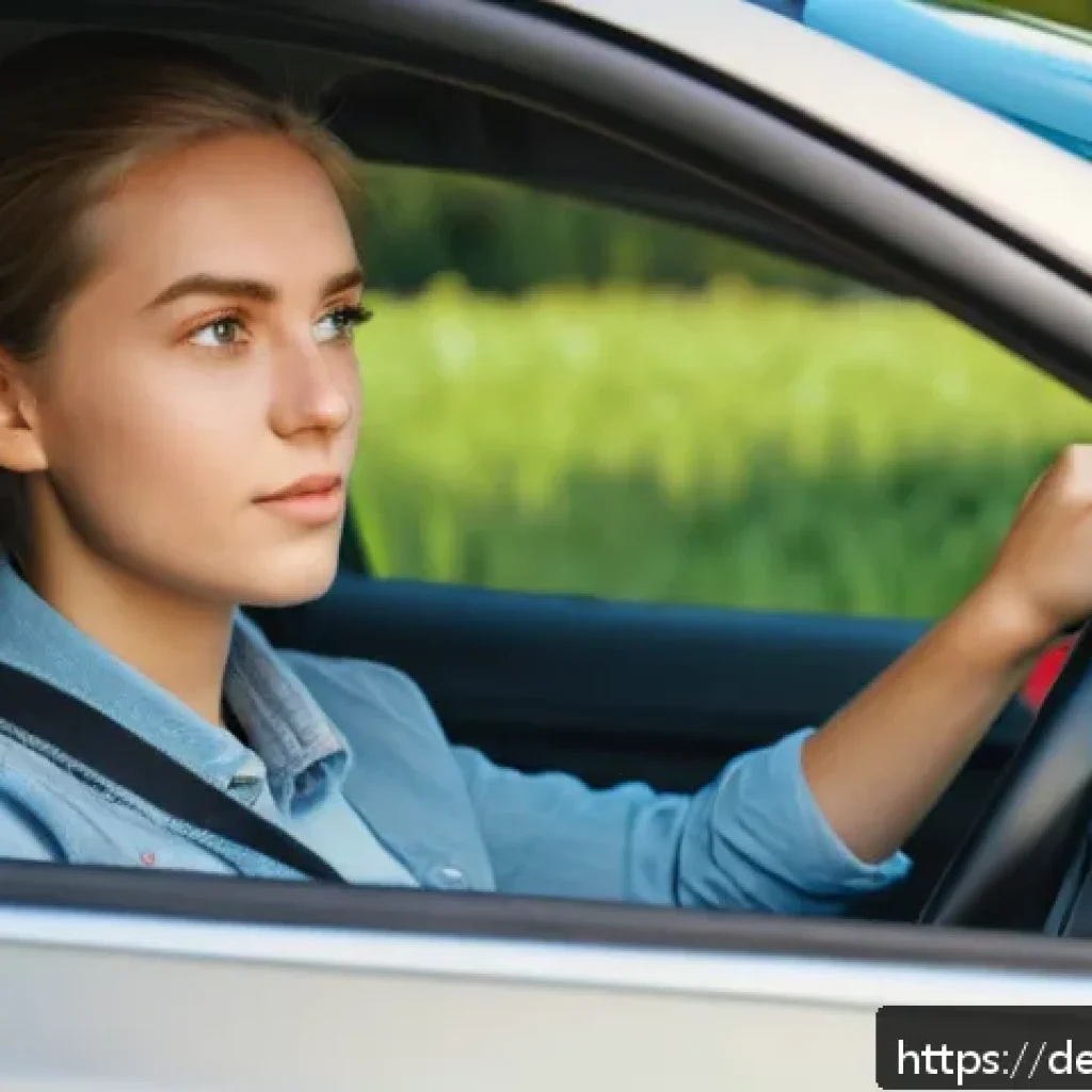 도로교통사 실기시험 성공을 위한 전략 - A young German learner driver sitting calmly inside a modern compact car during a sunny day, practic...