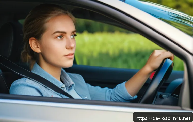 도로교통사 실기시험 성공을 위한 전략 - A young German learner driver sitting calmly inside a modern compact car during a sunny day, practic...