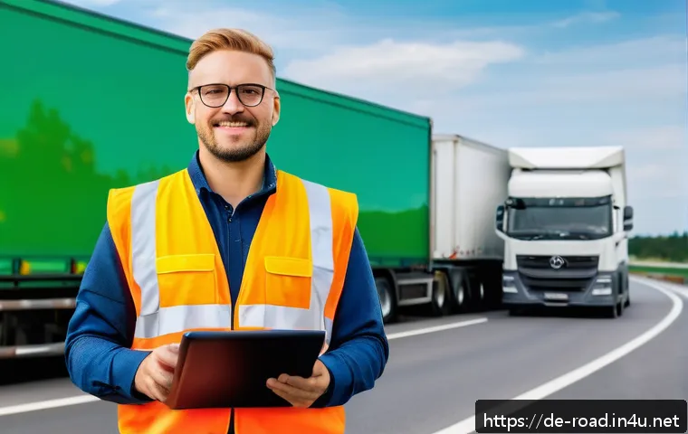 도로교통사 자격증으로 취업 성공 사례 - A professional German truck driver wearing a high-visibility safety vest and sturdy work clothes, st...
