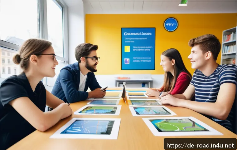 도로교통사 시험 준비에서 실패하지 않는 법 - A modern German classroom setting focused on driving theory education, with diverse young adult stud...