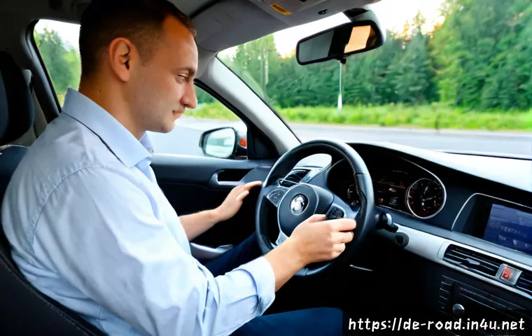 도로교통사 실기시험 준비 요령 - Photorealistic German driving school practice session, a calm adult learner seated in a compact manu...