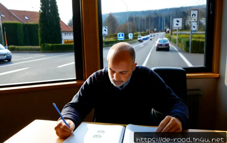 도로교통사 시험 과목 학습 전략과 우선순위 - Photorealistic German driving theory exam study scene, focused adult learner seated at a clean woode...