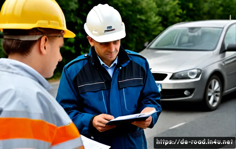 Home 15 도로교통사 직무에서 중요한 윤리적 가이드 - Photorealistic German road traffic safety inspector in a reflective jacket and hard hat conducting a...